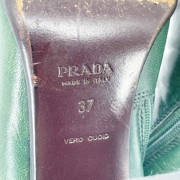 Prada Fall/Winter 1999 Green & Brown Leather Mid-Calf Block Heel Boots IT 37 - Picture 14 of 15